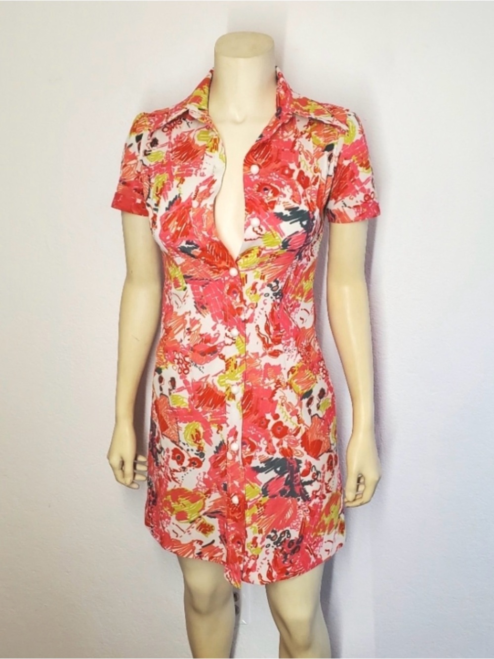 Vintage 70s Hot Pink Print Mini Dress